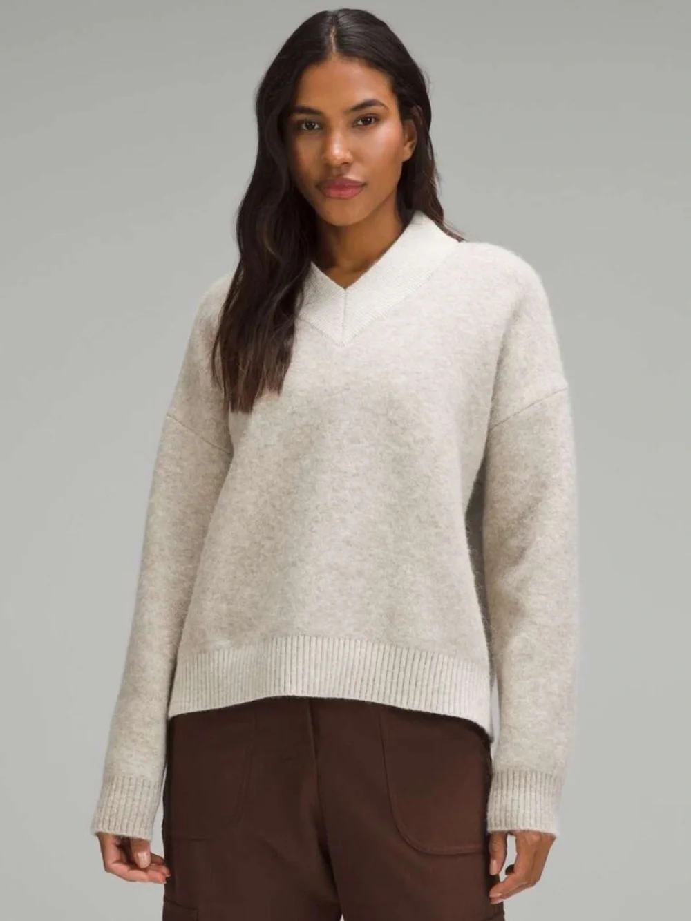 Lululemon Alpaca Wool-Blend V-Neck Sweater Heathered White Opal Size Small